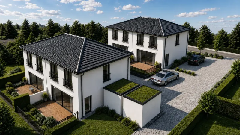 Fotorealistische 3D-Außenvisualisierung eines Doppelhaus-Projekts aus der Vogelperspektive